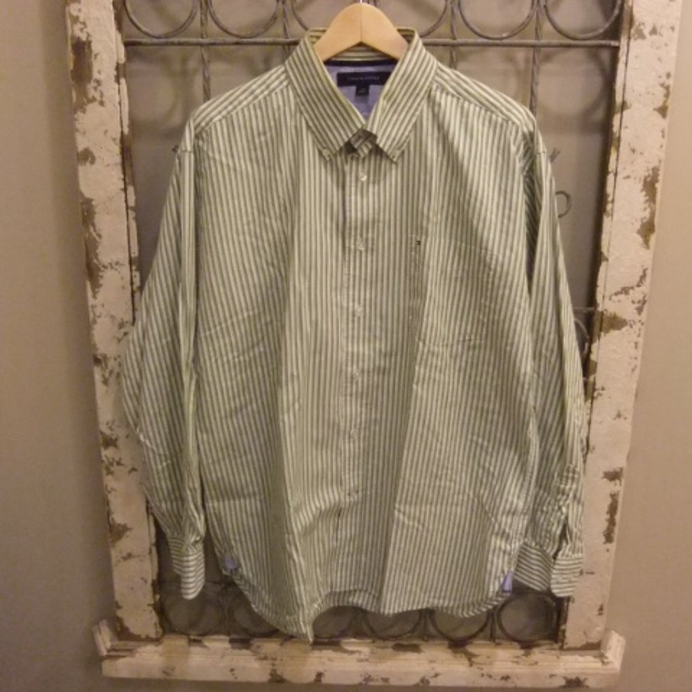 TOMMY HILFIGER GREEN & WHITE STRIPED SHIRT-LARGE